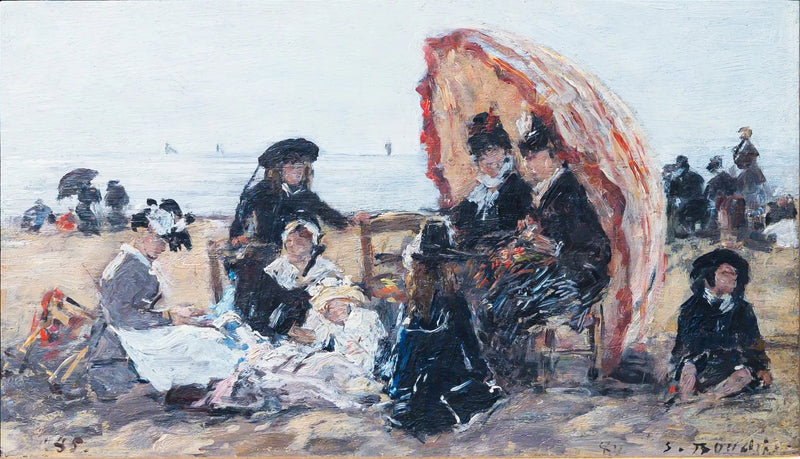 På stranden i Trouville, skyddad av det röda parasollet - Eugène Boudin