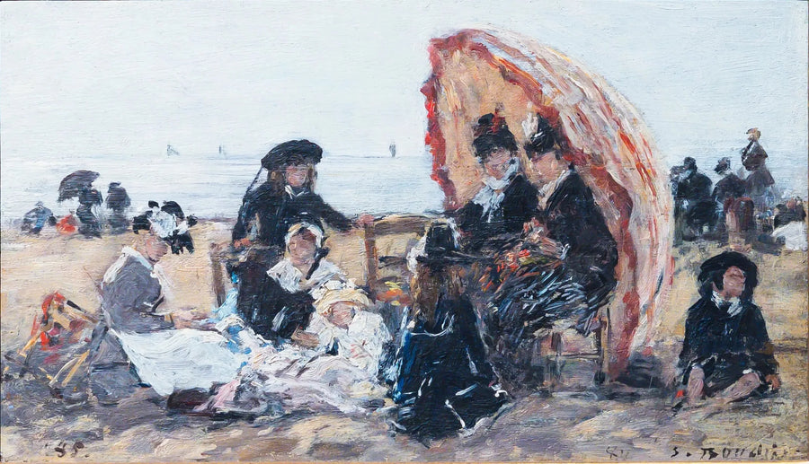 På stranden i Trouville, skyddad av det röda parasollet - Eugène Boudin