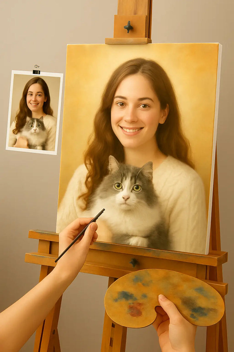 🎨 Anpassad tavla - Djur och Person – Unik oljemålning