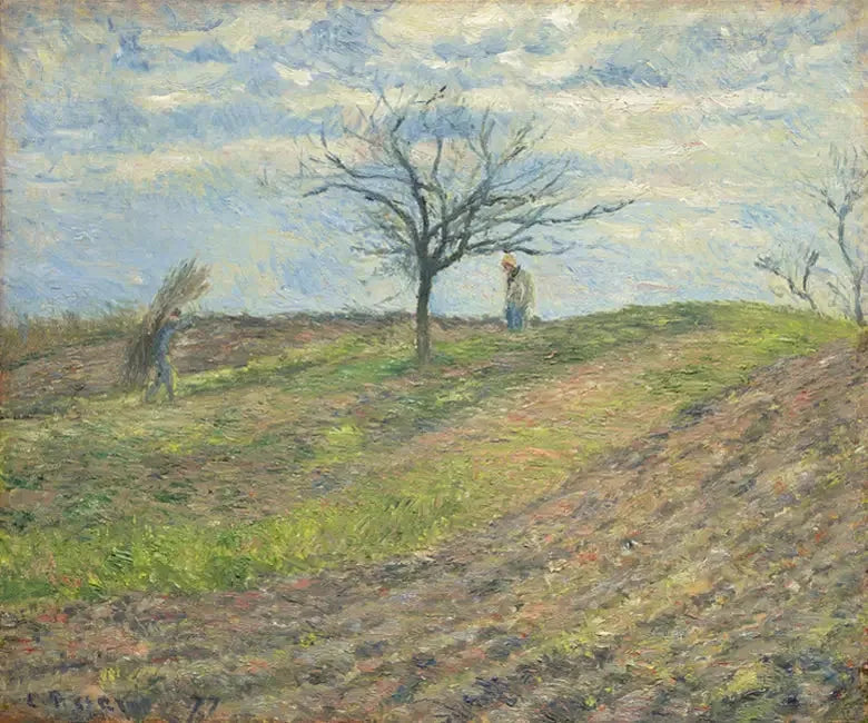 Bearbetad mark på vintern, med en man som bär en päls - Camille Pissarro