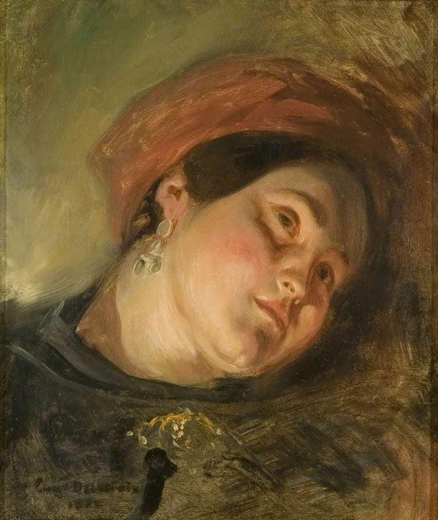 Kvinnohuvud med röd turban - Eugène Delacroix