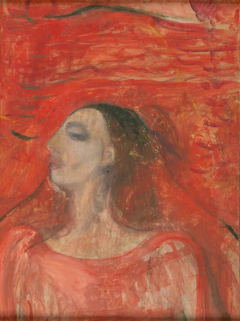 Kvinnohuvud på röd bakgrund - Edvard Munch