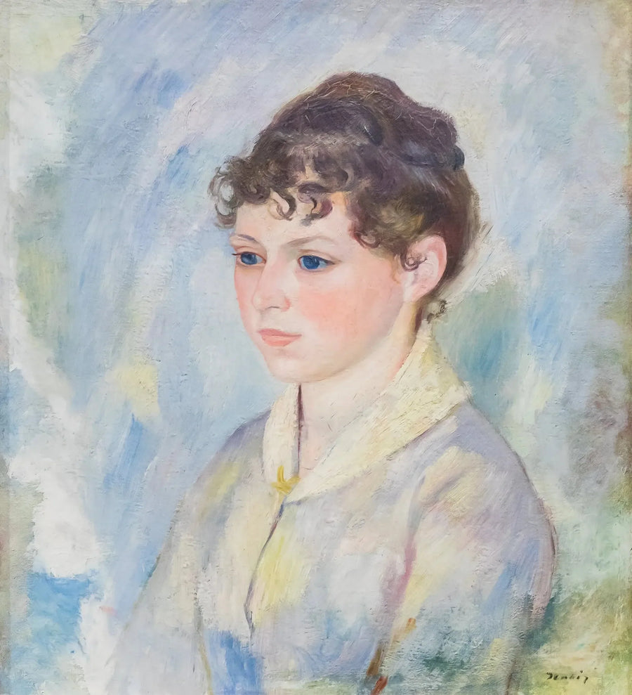 Ung flickas huvud mot ljusblå bakgrund - Pierre-Auguste Renoir