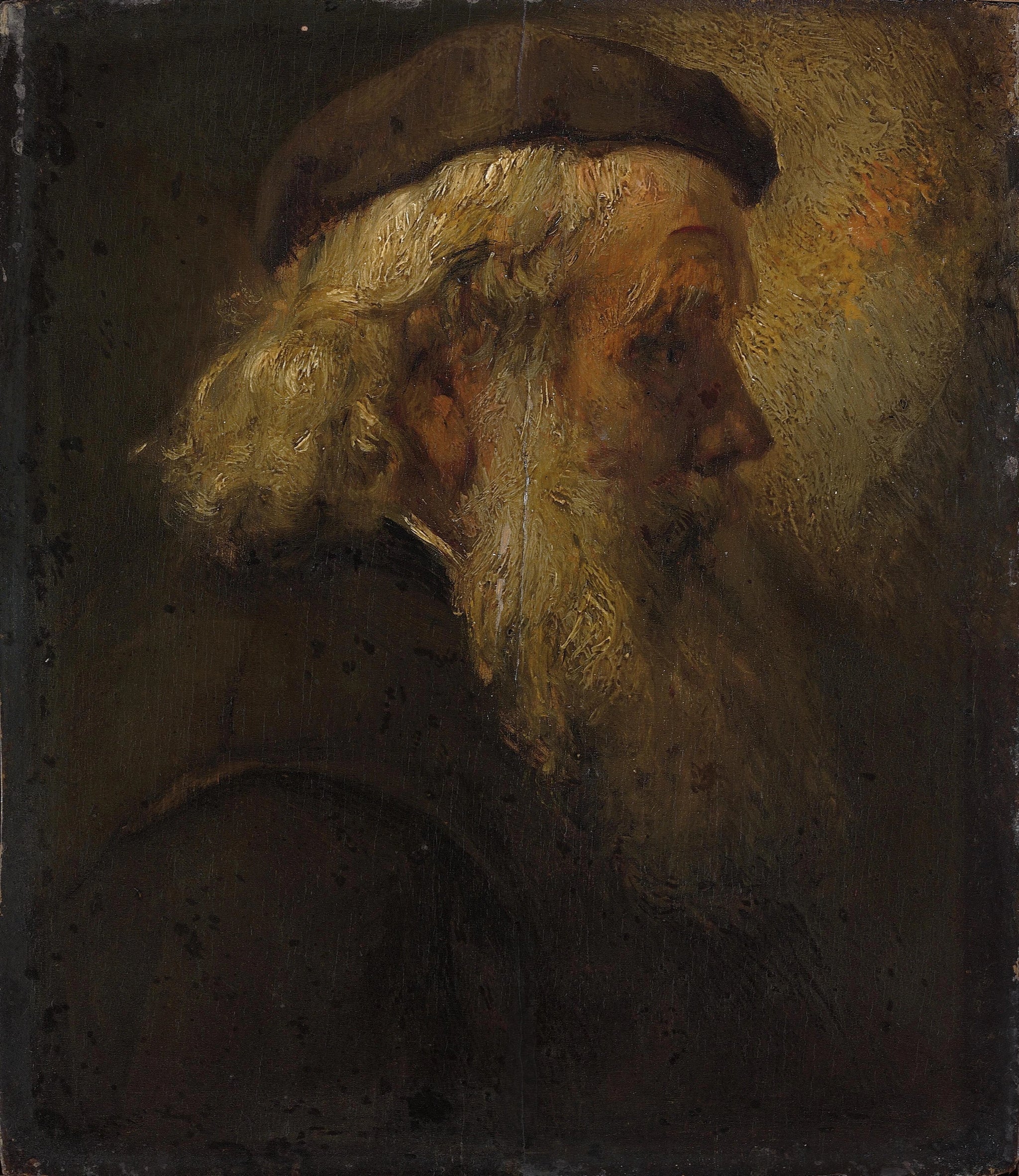 Tête de vieil homme barbu au béret — suiveur de Rembrandt, années 1640