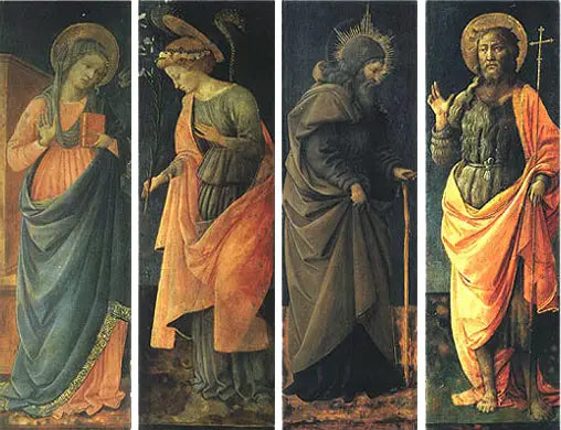 Annunciationen, helgonen Anthony Abate, Johannes Döparen - Fra Filippo Lippi