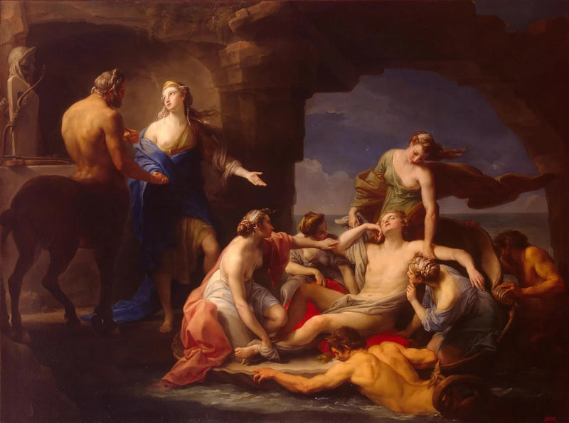 Thétis tar bort sin sovande son Achille från kentauren Chiron - Pompeo Batoni