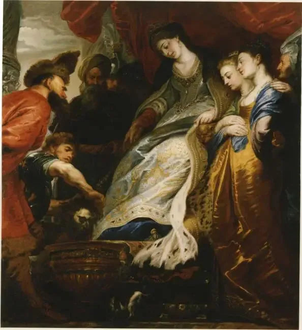 Thomyris, falskhetens drottning, får Cyrus huvud att sjunka ner i en vas fylld med blod - Peter Paul Rubens