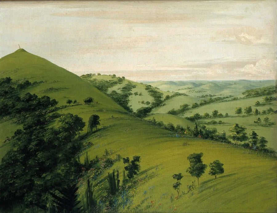 Merulens grav, bakifrån vy, ängar prydda med blommor - George Catlin