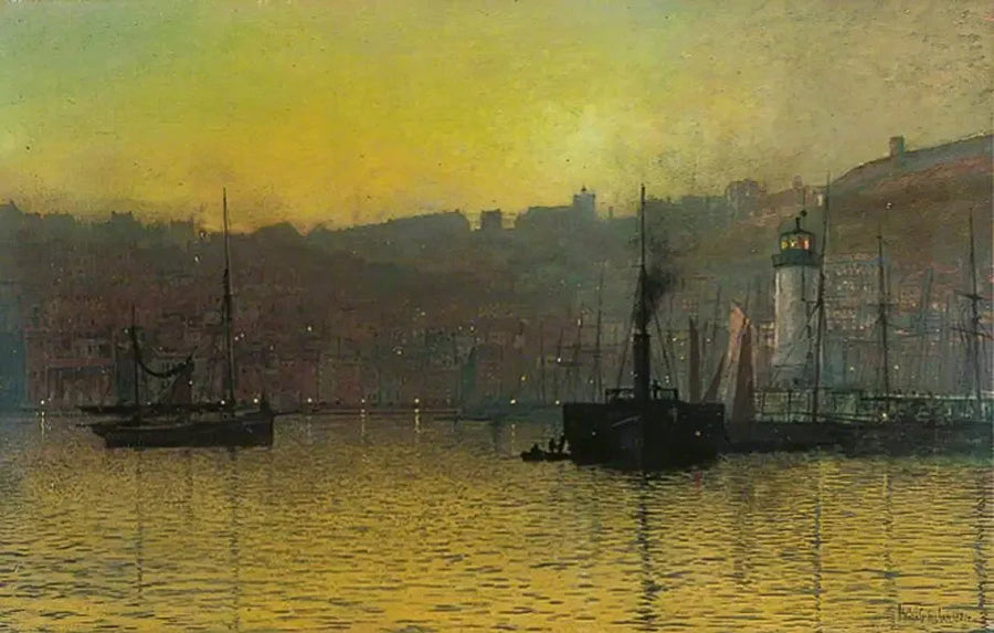 Kvällens fall i hamnen i Scarborough, North Yorkshire - John Atkinson Grimshaw