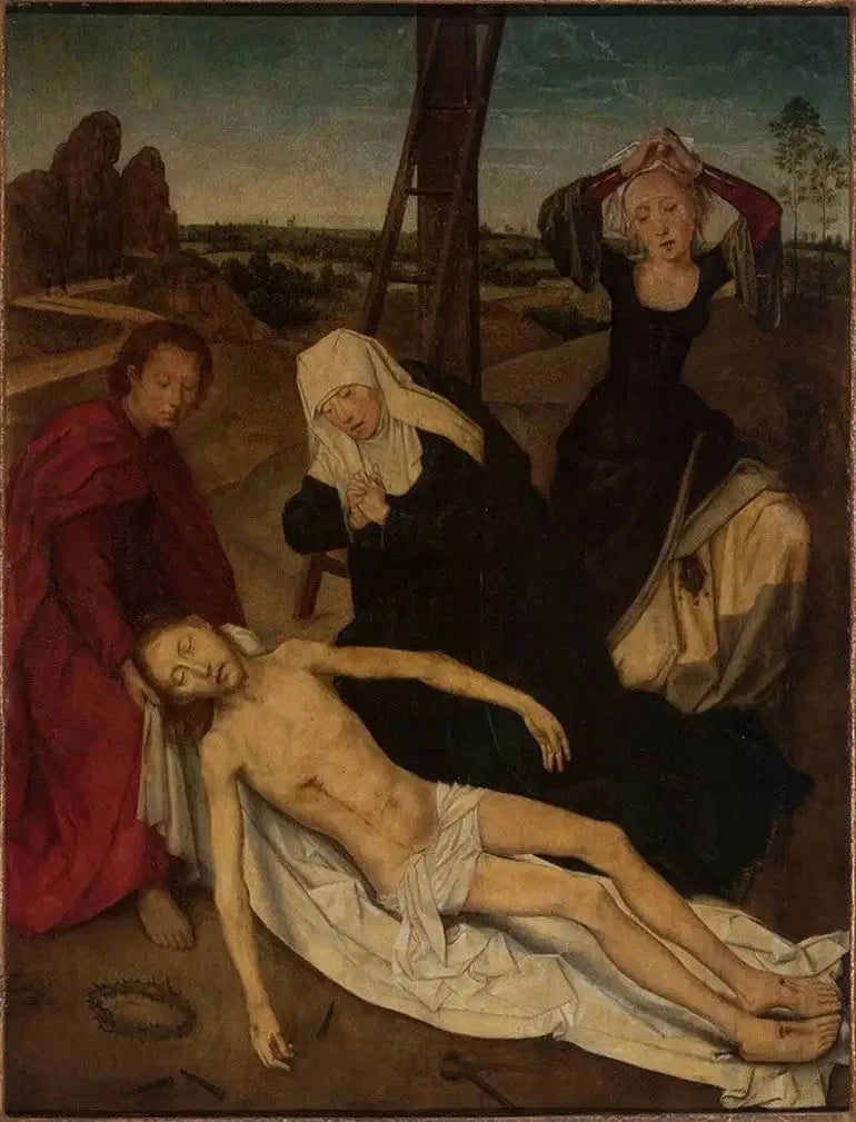 Triptyk, centrum: Kristus som gråter, omgiven av den heliga jungfrun, Johannes och Maria Magdalena - Hans Memling