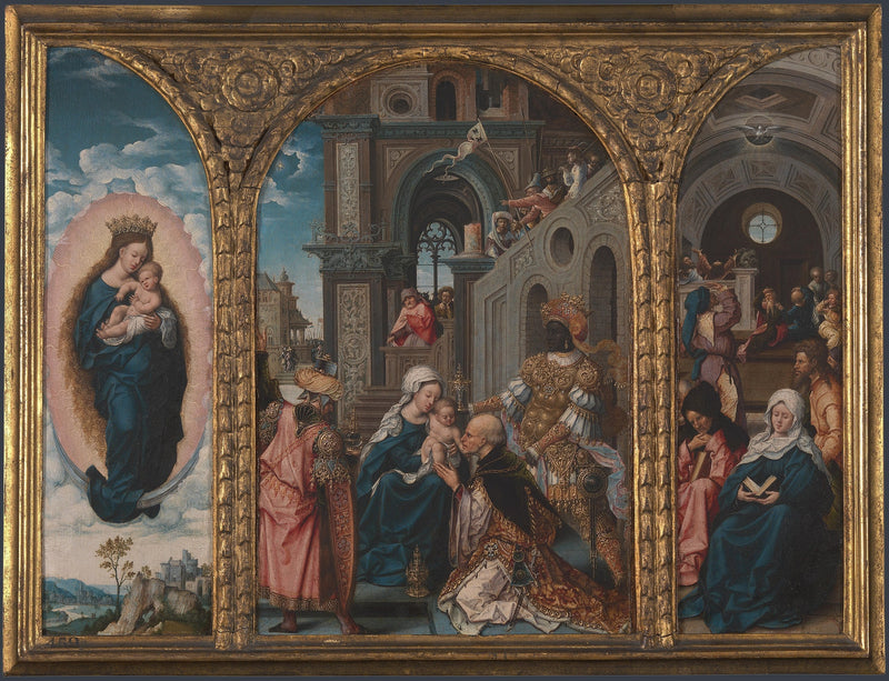 Triptyk. Trogenhetens tillbedjan, nedstigningen av - Jan Gossaert