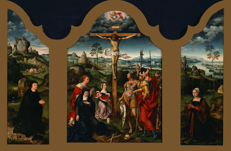 Triptyk: Korsfästelsen flankerad av den knäböjande donatorn och hans hustru - Joos van Cleve