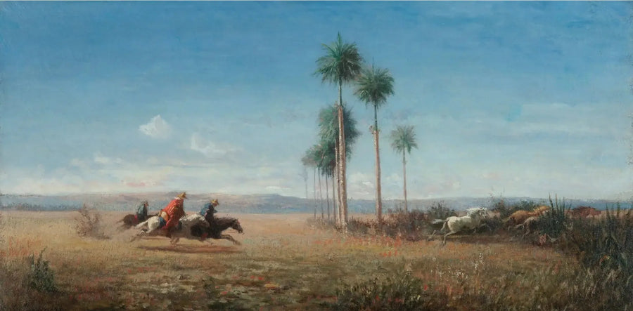 Tre ryttare och hästar som galopperar på en slätt (Venezuela) - Camille Pissarro