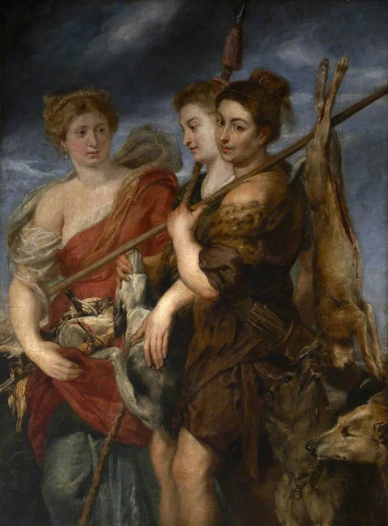 Tre jaktkvinnor som återvänder från jakten - Peter Paul Rubens