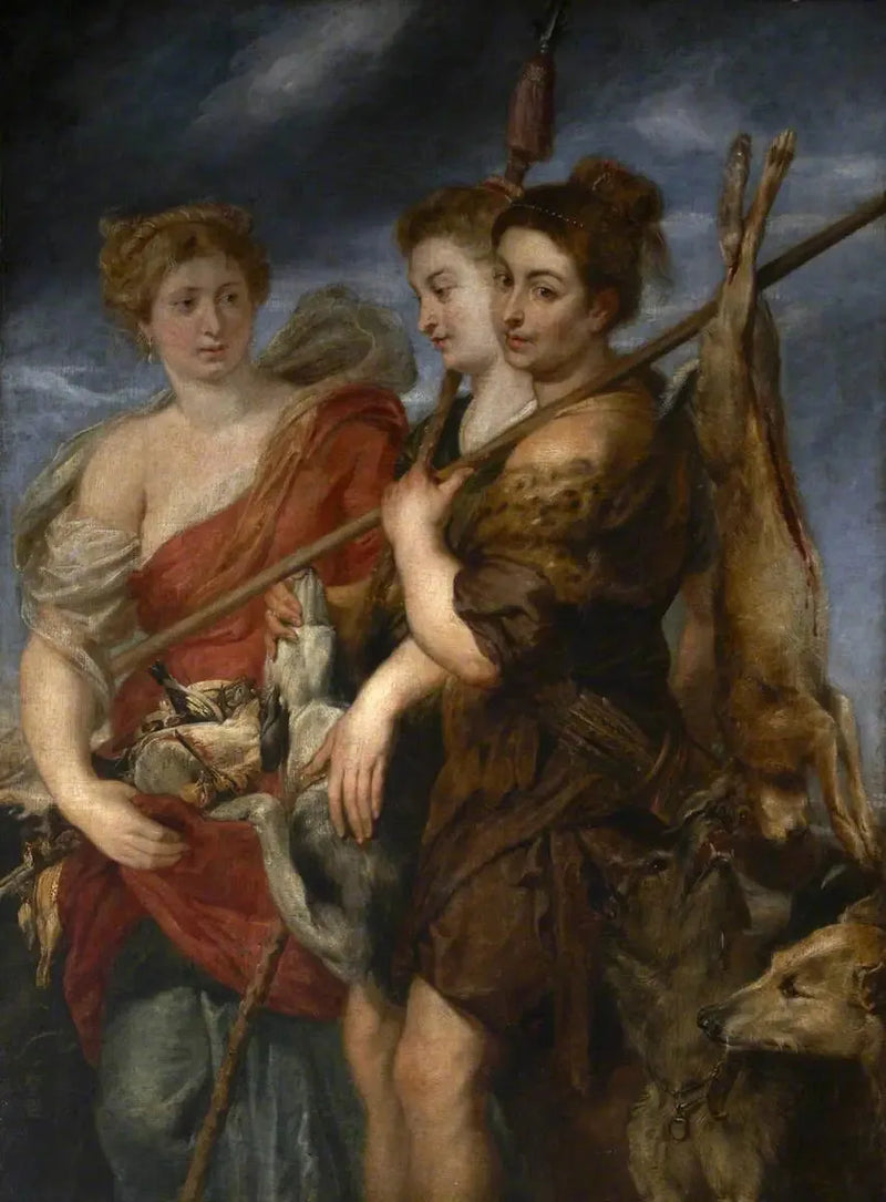 Tre jaktkvinnor som återvänder från jakten - Peter Paul Rubens