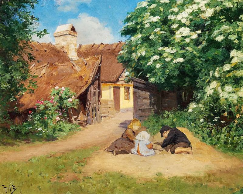 Tre barn som leker nära en gård en sommardag. - H. A. Brendekilde