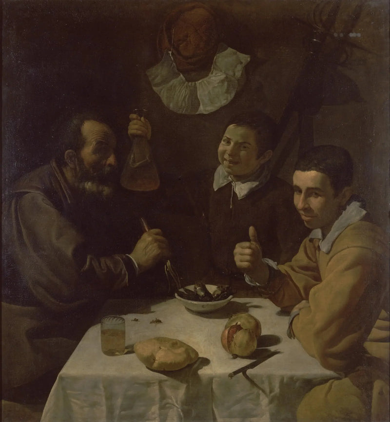 Tre män vid bordet, lunchen - Diego Velázquez