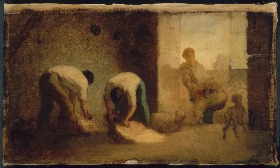 Tre män klipper får i en lada - Jean-François Millet