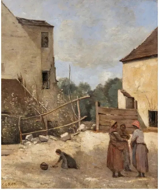 Tre bondgårdsarbetare som samtalar i en rustik gårdsplan - Jean-Baptiste Camille Corot