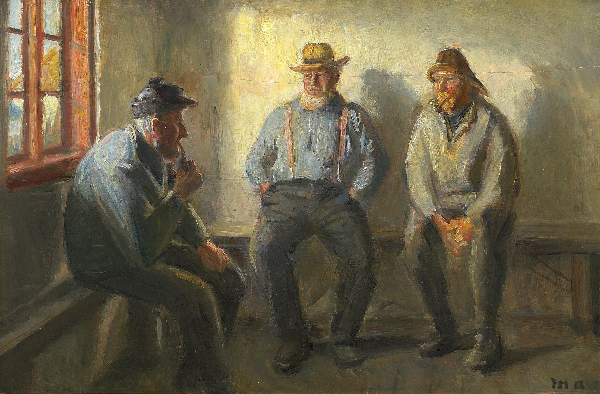 Trois pêcheurs dans le magasin de Brøndum. - Michael Peter Ancher image 1 reproduction artisanale de tableau