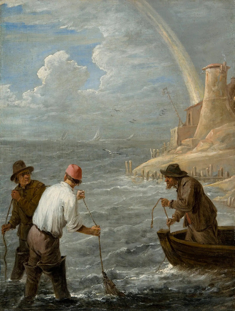 Tre fiskare som kastar sina nät - David Teniers den yngre