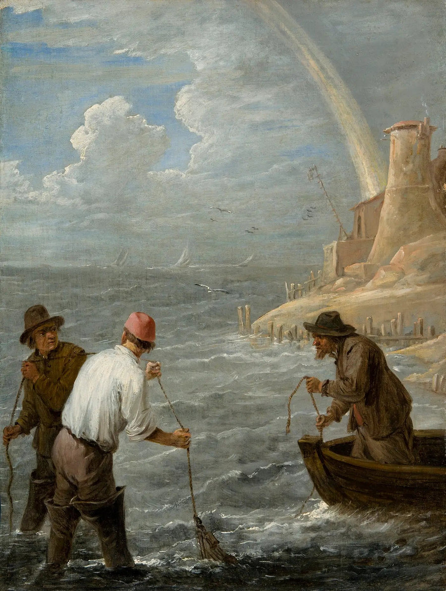 Tre fiskare som kastar sina nät - David Teniers den yngre