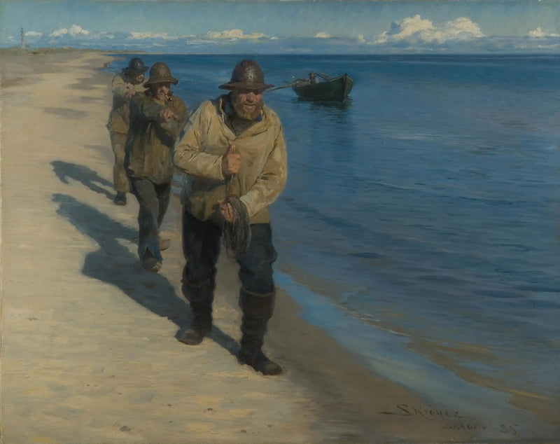 Tre fiskare som drar en båt. - Peder Severin Krøyer