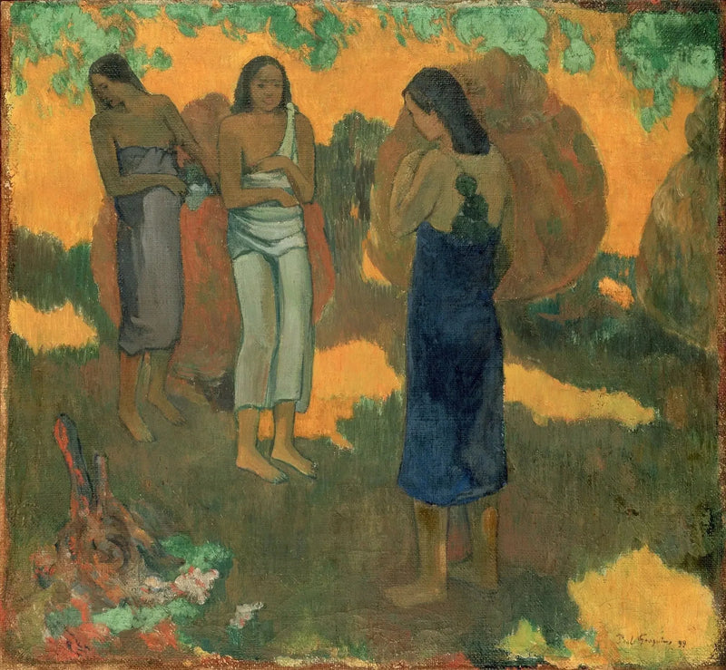 Tre tahitianska kvinnor på gul bakgrund - Paul Gauguin