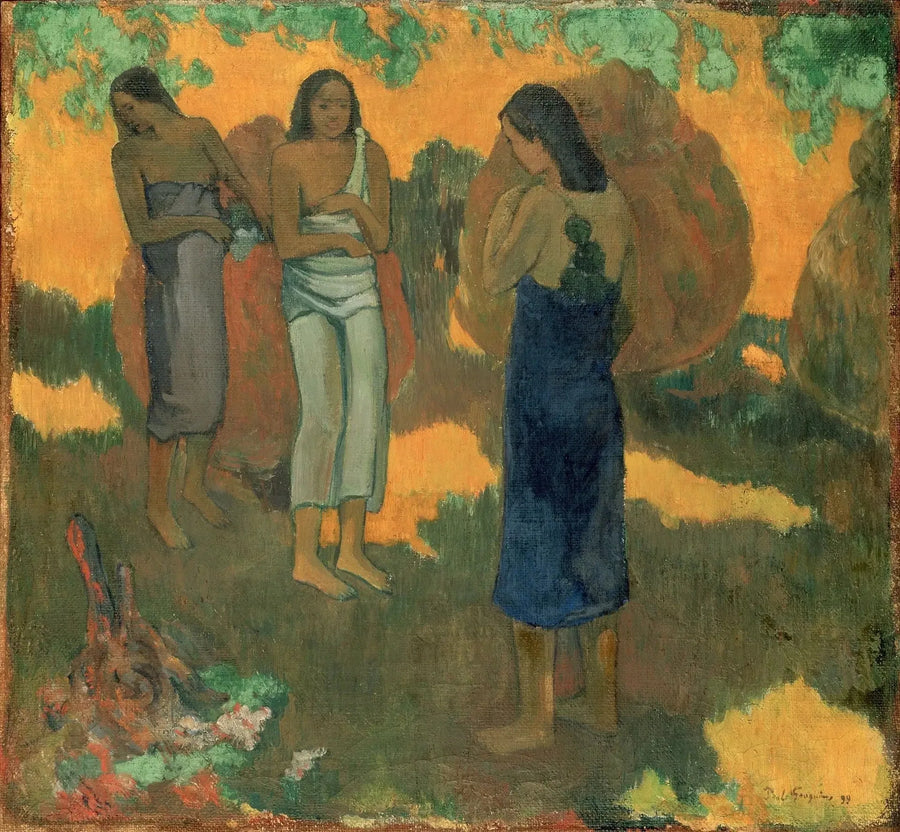 Tre tahitianska kvinnor på gul bakgrund - Paul Gauguin