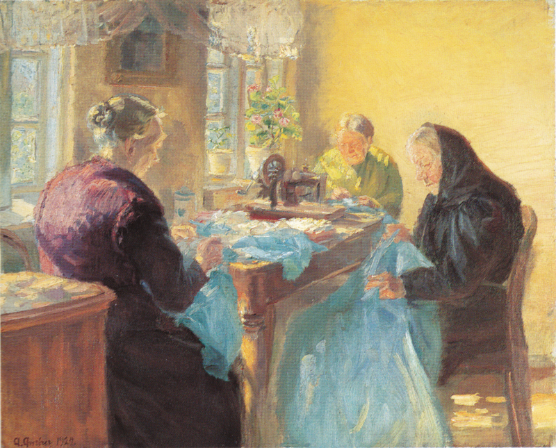 Tre gamla damer syr en blå klänning för en maskeradbal. - Anna Ancher