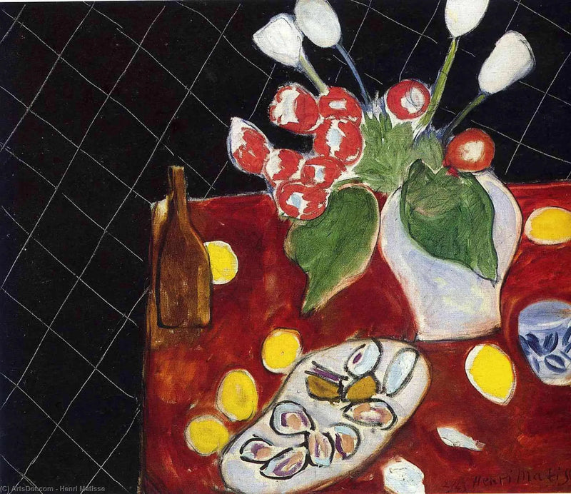 Tulpaner och ostron på svart bakgrund - Henri Matisse
