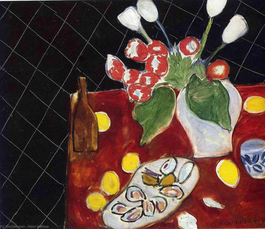 Tulpaner och ostron på svart bakgrund - Henri Matisse