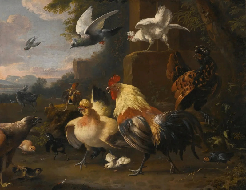 En örn mot en ung tupp, höns, flygande duvor och andra fåglar - Melchior de Hondecoeter
