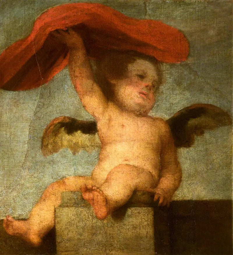 En ängel-putto som håller något rött: ett fragment - Bartolomé Esteban Murillo