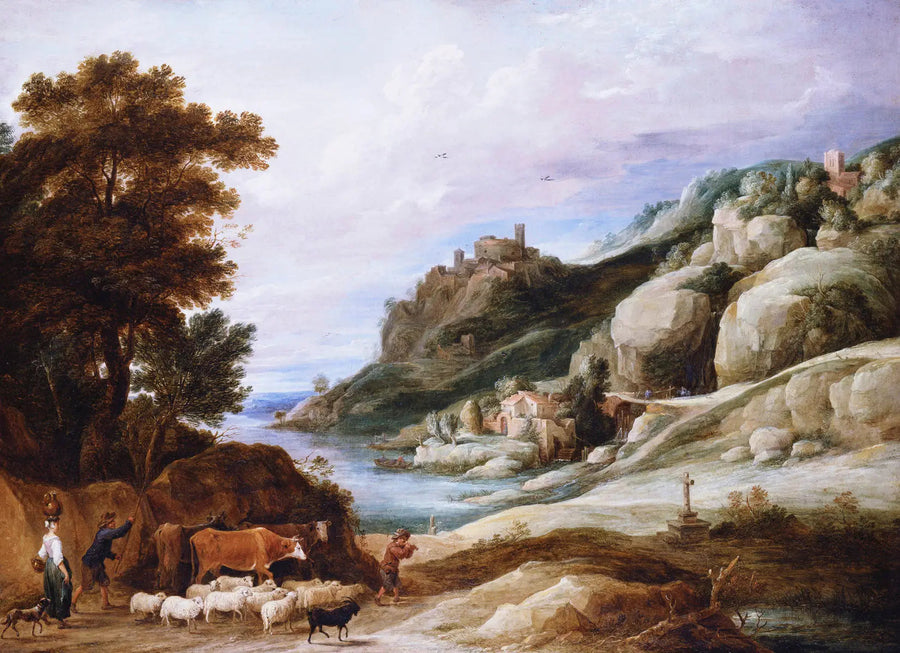En herde med sin flock i ett bergigt landskap - David Teniers den yngre