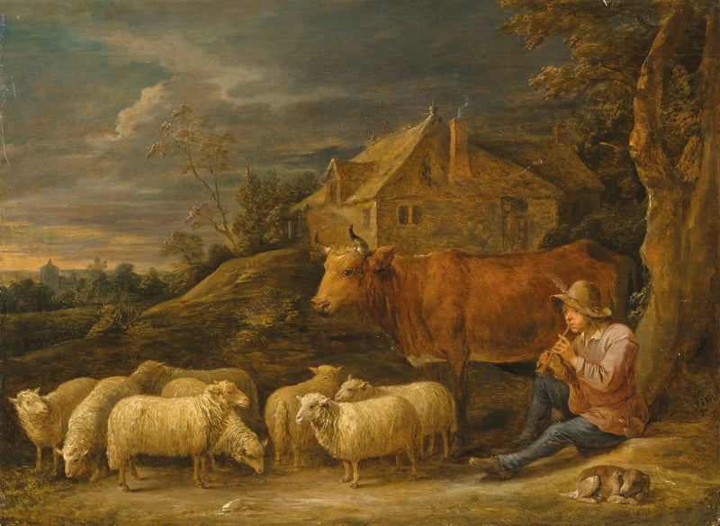 En herde som spelar flöjt för sin hjord - David Teniers den yngre