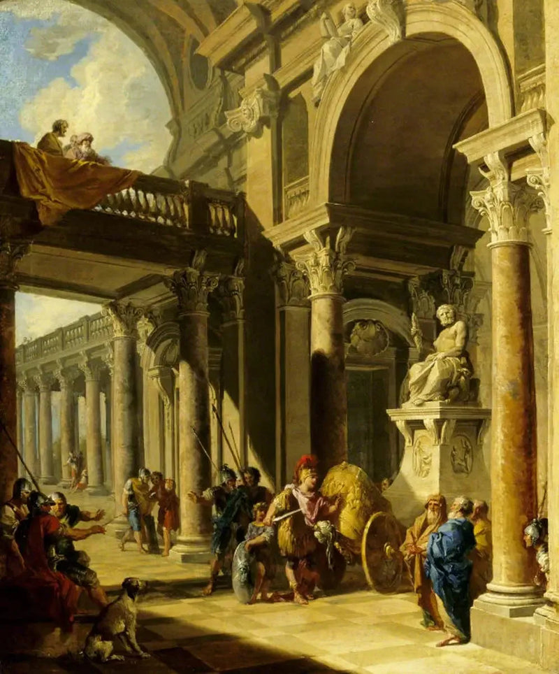 Ett arkitektoniskt Capriccio med Alexander som skär Gordiska knuten - Giovanni Paolo Panini