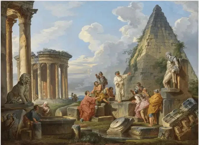 Ett Capriccio med Saint Paul predikande för romarna, med Vesta-templet och Caius Cestius pyramid - Giovanni Paolo Panini