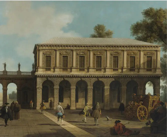 Ett Capriccio av San Marcos fängelser belägna på ett torg med en vagn och stadens invånare - Canaletto