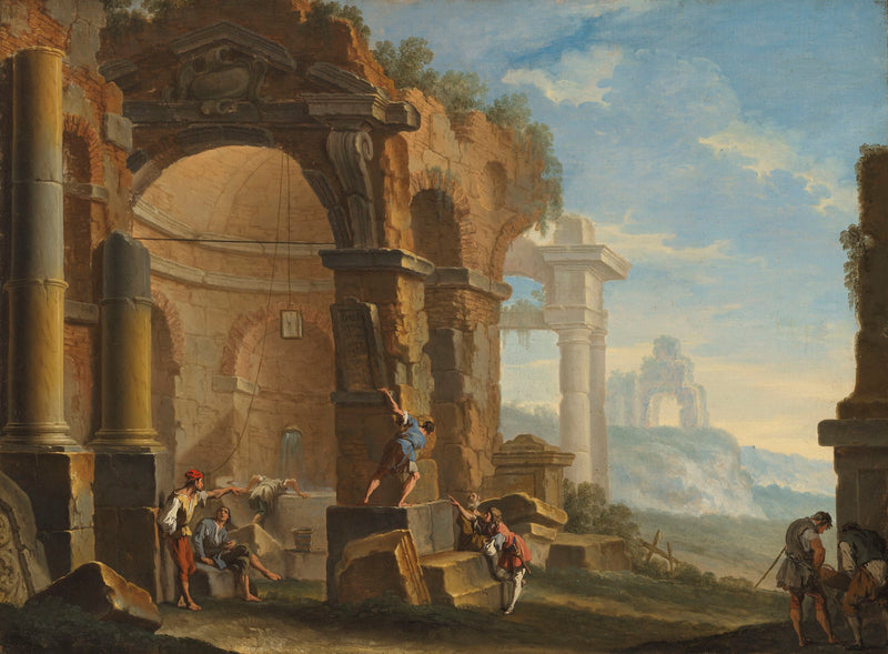 Ett nyck med figurer som samtalar nära klassiska ruiner - Sebastiano Ricci