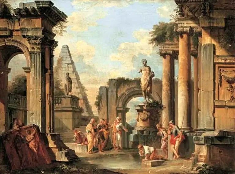 En klassisk ruinens nyckfullhet med Diogenes som kastar sin bägare. - Giovanni Paolo Panini