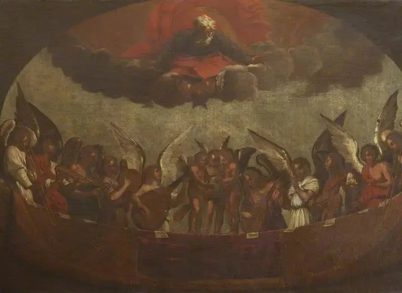 En kör av änglar som sjunger och spelar musikinstrument med Gud Fadern ovanför - Guido Reni