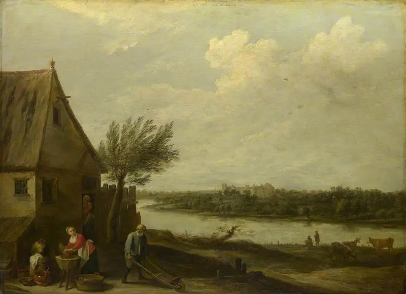 En stuga vid en flod med en fjärran utsikt över ett slott - David Teniers den yngre