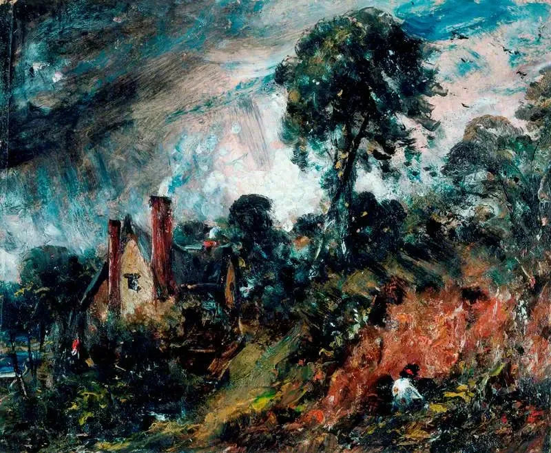 En stuga bland träden med en sandbank - John Constable