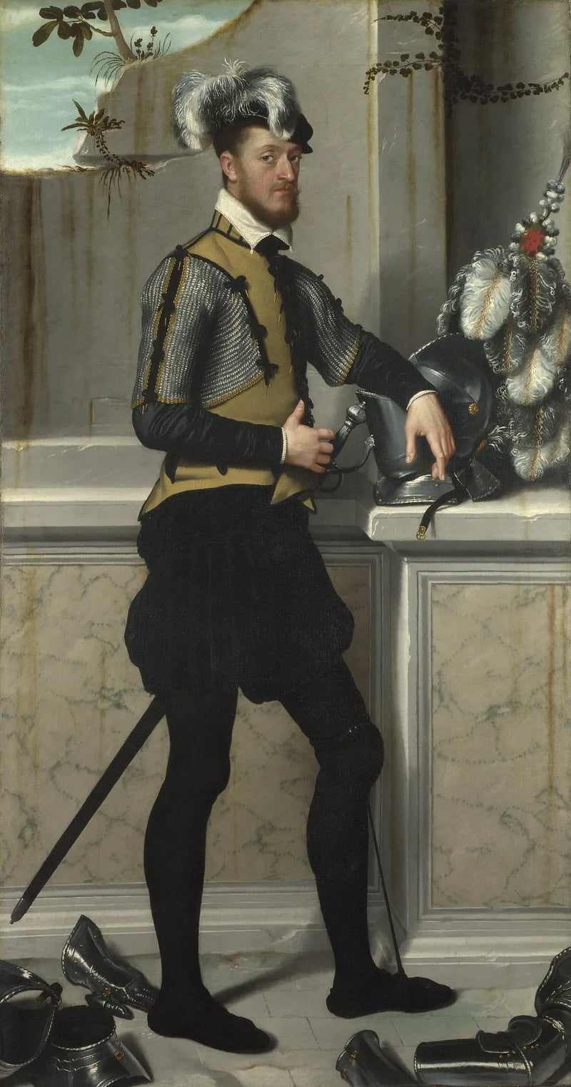 En riddare med sin jättehjälm (greve Faustino Avogardo (?)) - Giovanni Battista Moroni