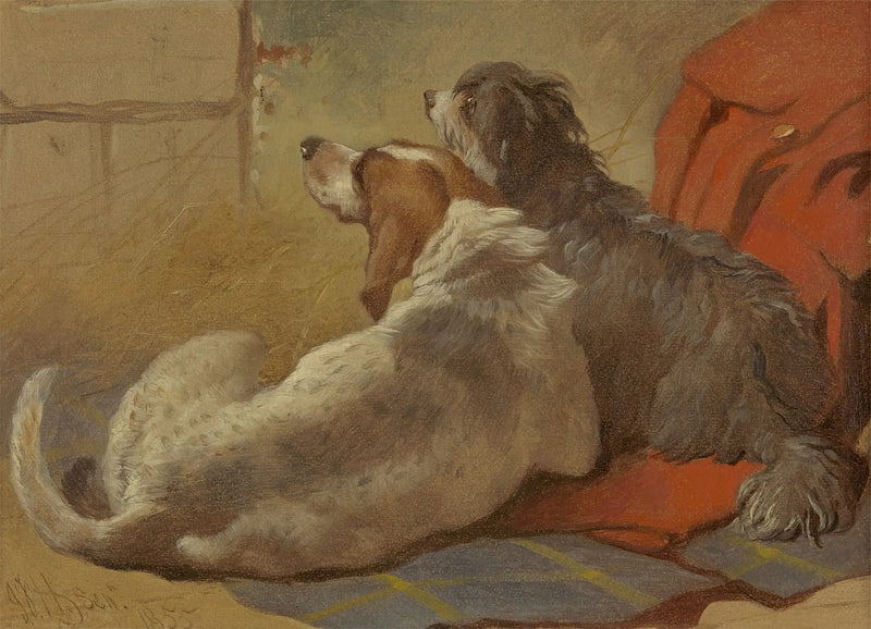 En jakthund och en bearded collie som sitter på ett jaktkappor - John Frederick Herring, Sr.