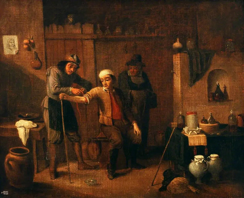 En kirurg som knyter ett turnband runt en mans arm - David Teniers den yngre