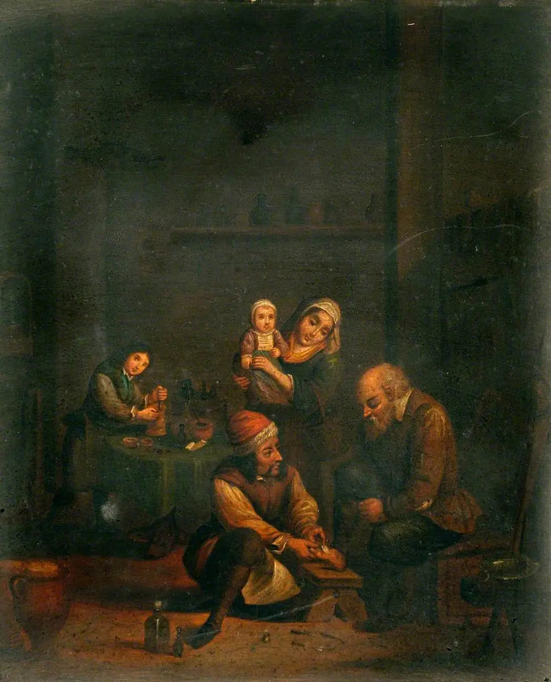 En kirurg som behandlar en mans fot och tre andra personer - David Teniers den yngre