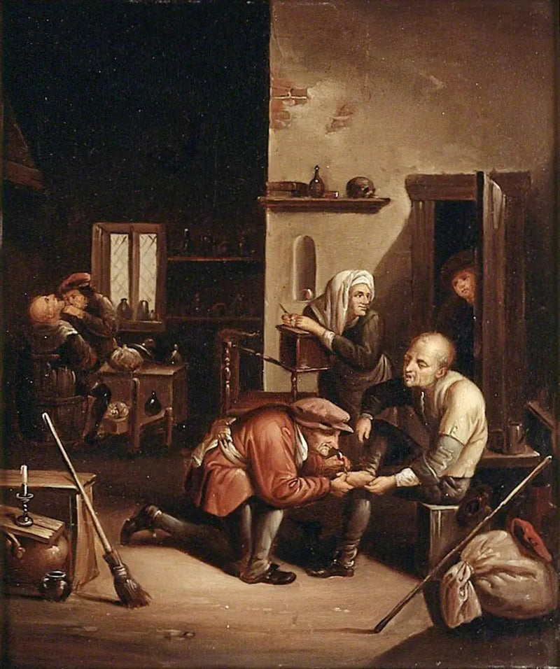 En kirurg som vårdar en patients fot och en barberare som rakar en man - David Teniers den yngre
