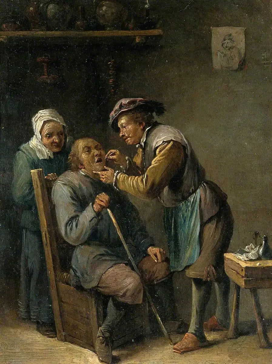 Un chirurgien soignant les dents d'un homme assis - David Teniers le Jeune image 1 reproduction artisanale de tableau